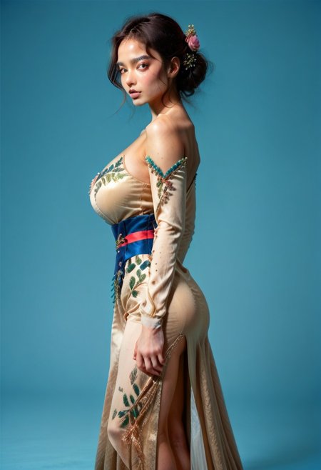 score_9, score_8_up, score_7_up,
JDMAI_ARIEL_SARI, JDMAI_KEBAYA, pureerosface_v1, tight long kebaya dress, long sleeves, deep neckline, bare shoulders, flower hairpin, decorated sash, brocade decoration, sequin decoration, 
(dynamic lighting), (dynamic shadow), 4k, HD, Hi res, cinematic masterpiece, photographic masterpiece, 
contrapposto pose, upper body, side view, 
natural make-up, glossy lips, 40GG cup Breasts, massive breasts size, natural breasts shape, narrow waist, wide hips, round ass, thick thighs, thigh gap, barefoot, 
(simple turquoise background), (blurry background), (sharp focus on object),