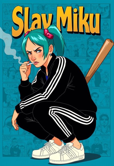 Title: Display the title "Slav Miku" in bold gold text, Times New Roman font
main character:  Hatsune Miku wearing a black adidas track suit with white stripes on the sides, and white adidas sneakers. Miku is squating, smoking a cigarette and holding a baseball bat. She is tough-looking and intimidating, looking directly at viewer 
visual style: bullylsf1, blue background, outline, 2d, background is wallpaper of various comic strips