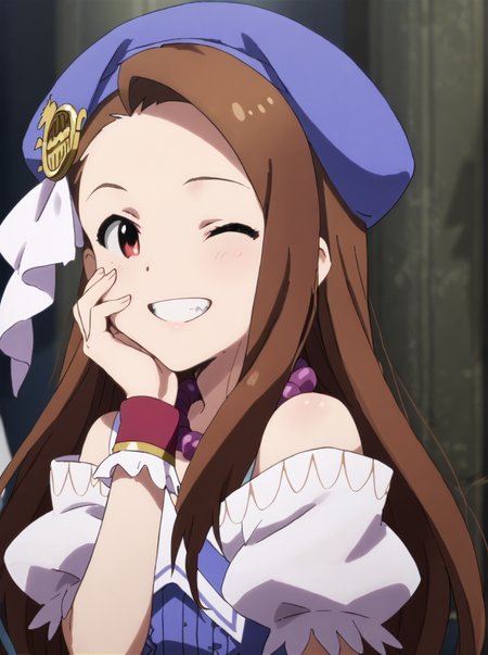 detailed background, posing, rating safe, 
 <lora:smothri.pony:1>,
smothri, iori, 
grin, one eye closed, hand to face,