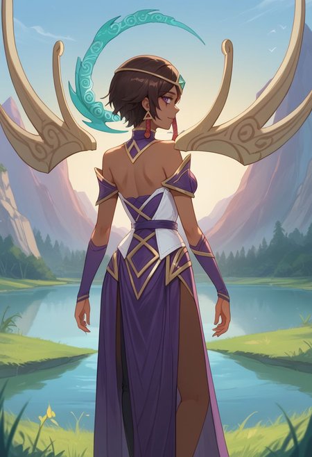 score_9, score_8_up, score_7_up, source_anime, 1girl, karmadef, purple eyes, black hair, brown hair, short hair, dark skin, dark-skinned female, medium breasts, earrings, jewelry, hair tubes, hair ornament, tiara, bare shoulders, purple dress, backless outfit, pelvic curtain, purple thighhighs, single thighhigh, wings, standing, closed mouth, smile, blush, looking at viewer, outdoors, grass, nature, lake, mountain in the background, sun, facing viewer, upper body, from behind, back, <lora:Karma_v1-000010:1>