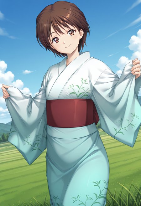 kuon_shiori, brown eyes, brown hair, short hair, japanese clothes, kimono, yukata, obi, sash, <lora:kuon_shiori_illustrious_ver1:0.8>
smile,, 1girl, solo, blue sky, (grasslands:1.2), looking at viewer,, masterpiece, best quality, general,, (cowboy shot, dynamic pose:1.4),