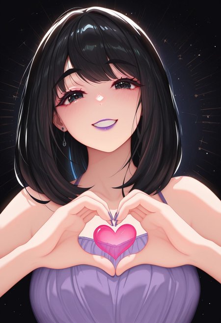 1girl, solo, medium build, medium hair, sfw, safe for work, covered skin, flowy dress,  black eyes, purple lipgloss, smiling, portrait, upper body, heart hands, foreshortening, detailed, newest, nekoda