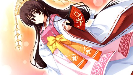 <lora:sakuyahime-tenshin-000009:1>,il-unohana-sakuya,1girl,ukami outfit,solo,japanese clothes,brown hair,ponytail,yellow bow on waist,ribbon-trimmed sleeves,miko,pink wide shoulder strap out layer,white outer long under layer,elegant white gown with a trailing hem,red layer skirt inner,
huge box behind girl,holding black fan point viewer,
<lora:add-detail-xl:1>,<lora:ponyv4_noob1_2_adamW-000017:0.8>,wear clothes,