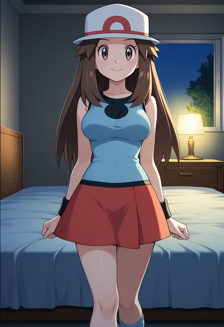 masterpiece, quality,worst, anime screencap,8k,4K, leaf (pokemon),1girl,solo,brown eyes, brown hair, long hair, long hair, hat, blue shirt, sleeveless, wristband, red skirt, blue socks, white footwear,,large breasts,smile, closed mouth,Interior, room, bed,  dark room, window, night light,cowboy shot,lower body,