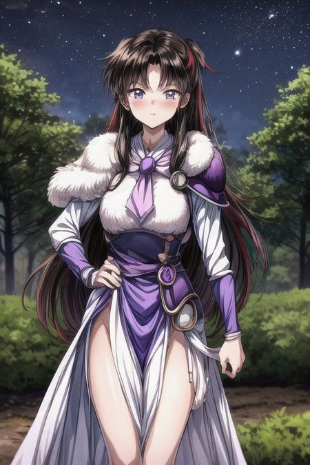 masterpiece,  best quality 1girl Setsun4 solo long hair,  (night time) forest background black hair very long hair purple eyes multicolored hair armor (fur trim) (medium body),<lora:EMS-179-EMS:0.800000>,<lora:EMS-293862-EMS:0.800000> bow, hair_bow, hair_tubes, red_bow, brown_hair, long_hair, bangs, ascot, frilled_bow, yellow_ascot, blush, smile, hair_between_eyes, athletic, armor