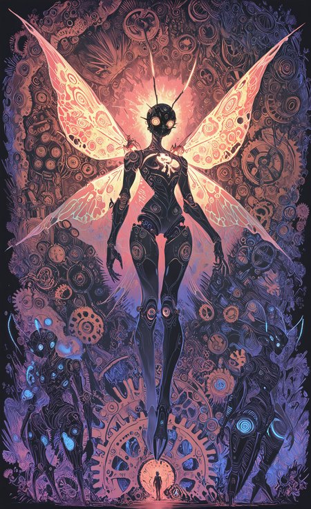 masterpiece, best quality, good quality, very awa, newest, highres, absurdres,  wings, no humans, bug, robot, science fiction, antennae, fantasy, insect wings, gears, non-humanoid robot, steampunk, machine, screw, limited palette, sketch, glowing, psychedelic, <lora:illustriousXL_stabilizer_v1.23:0.3> <lora:NOOB_vp1_detailer_by_volnovik_v1:0.3> <lora:ponyv6_noobE11_2_adamW-000017:0.3> <lora:114558v4df2fsdf5:1> <lora:mon_monmon2133:0.6>