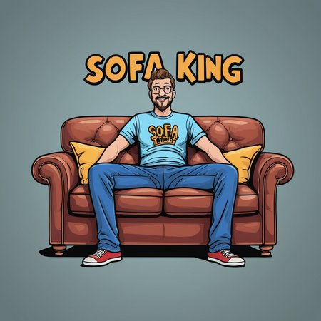 illustrated comedic logo for "SOFA KING"