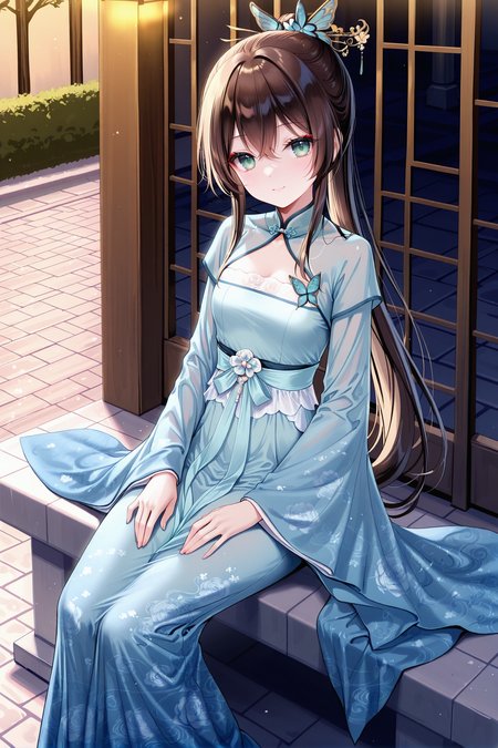 masterpiece, best quality, newest, absurdres, highres,(chen bin: 0.5),(hiten \(hitenkei\):0.4),(rimuu:0.5),(mignon:0.5),(sheya:0.6),
  ensemble style, misaki(ensemble),1girl,ponytail,hair ribbon,brown hair,green eyes,smile,
chinese clothes, blue dress, wide sleeves, hair ornament, hanfu, very long dress, furisode, 
outdoors, street,alley,night,sitting,hand on own thigh, butterfly hair ornament, hair stick,<lora:MisakiXLNAI:1>,<lora:chenhaihanfuXLNAI:1>