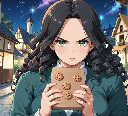 PonyScores7, source_anime, ah1, IllustriousQual, <lora:natsumi_style:0.5>, <lora:by_usakun-pony:0.4> by usakun, <lora:Akina_Bbw_Style_-_PonyXL:0.2> AkinBw, (zoom_out:1.8), (night photography, nocturnal beauty, city lights, starry skies, celestial wonders, moonlit landscapes, urban glow, capturing the essence of darkness, ethereal atmosphere, dramatic shadows, magical ambiance, long exposure techniques, expert use of light sources), 1girl, mature female, (round face:1.2), (thick eyebrows:1.3), (curvy), round-chin, caucasian, (plump face), <lora:Round_face:0.2>, <lora:ETO_OCPonyXL:0.3> eto_oc, skindentation, (plump), thick thighs, wide hips, busty, voluptuous, lips, <lora:venus body PonyXL:0.3>, <lora:shinyskin2:0.2> glistening skin,  (((curly hair), long hair, (black hair:1.4), (parted hair:1.7), messy hair, kinky curls, <lora:hairdetailpxl:0.2> hairdetailpxl)), ((half green and brown eyes), (colorful eyes), (multicolored eyes), (downturned eyes:1.4), <lora:expressive eyes:0.2> expressive eyes, <lora:eyedetailpxl:0.2> eyedetailpxl, <lora:Eyes_High_Definition:0.2> EyesHD), ((angry,annoyed,  <lora:Expressive_H:0.2> Expressiveh, <lora:Emotional_Anime_Expressions_PonyXL_Concept:0.2> emotional, <lora:Best_Facial_Expression_LoRA_PONY:0.2>, looking at viewer, <lora:Detailed expressive EXEV style -XL Pony V1.0:0.2> FaceDetail)), ((holding a box of cookies)), khaki (web) stylish dark green satin uniform with white frills paired with green heels, (((Coastal Cottage Kitchen with Light Blue Cabinets and Beachy Decorations))), <lora:xl_more_art-full_v1:0.2>, <lora:aesthetic_anime_v1s:0.2>, <lora:EpicF4nta5yXL:0.2>, <lora:detailxl:0.2> detailxl, <lora:Fant5yP0ny:0.2>, best quality, amazing quality, best aesthetic, absurdres, illustration, Volumetric_Lighting, ultra-detailed, very aesthetic, intricate details, 8k, masterpiece, best_quality, Stable_Yogis_PDXL_Positives, AS-Adult, <lora:Complicated fantasy portrait - XL Pony V2.0:0.2>, bad-hands-5, <lora:HDA_Detailer:0.3>, HDA_FatGirlXL