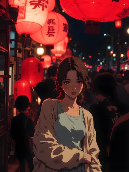 A warm, ethereal glow, as if time itself has paused to capture the quiet beauty of the moment. A young woman stands at the center of the frame, her presence both serene and contemplative. The night envelops her, but the darkness is not oppressive; instead, it serves as a backdrop that highlights the vibrant hues surrounding her.
Above, a series of red lanterns hang suspended on delicate strings, their soft light casting an amber hue over the entire scene. These lanterns are not merely decorative; they seem to pulse with life, their illumination creating a sense of warmth and intimacy. The words "JAPAN" are faintly visible on one of the lanterns, hinting at a cultural or thematic connection, though its meaning remains open to interpretation. The lanterns sway gently, as if stirred by a breeze, adding a subtle motion to the otherwise still image.
The womanâs attire is simple yet elegantâa light blue tank top layered beneath a cream-colored cardigan. The cardigan drapes loosely over her shoulders, giving her an air of casual sophistication. Her hair is styled in loose waves, framing her face in a way that accentuates her thoughtful expression. She gazes directly into the camera, her eyes conveying a mix of curiosity and introspection, as though she is pondering something profound or simply lost in the beauty of the moment.
The background is shrouded in shadow, drawing all attention to the subject and the glowing lanterns above. The darkness beyond hints at a larger settingâperhaps a festival, a market, or an outdoor gatheringâbut the details remain obscured, leaving the viewer to imagine the context. The interplay between light and shadow creates a dramatic contrast, emphasizing the womanâs features and the vivid colors of the lanterns.
The overall atmosphere is one of tranquility and mystery. The red lanterns cast a romantic, almost dreamlike ambiance, while the womanâs poised demeanor suggests a quiet strength and confidence. The scene feels timeless, as though it could belong to any era or place where people gather under the glow of lanterns to celebrate, reflect, or simply enjoy the beauty of the night.
In this moment, the world seems to have slowed down, allowing the viewer to linger and absorb the intricate detailsâthe texture of the fabric, the gentle curve of her neck, the flickering light from the lanterns. It is a snapshot of serenity, a fleeting glimpse into a world where beauty and simplicity coexist harmoniously.
j_art, anime, anime art, <lora:FLUX\jul\J_Anime:0.7>, <lora:FLUX\RealAnime:0.7>