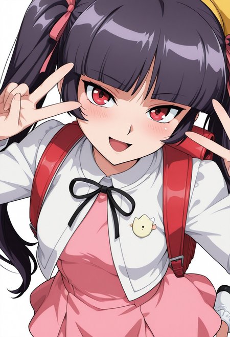 score_9,score_8_up,score_7_up,source_anime,5_figner,2d_animation,game cg,BREKE,1girl,solo,
zzSabrina, red eyes, long hair, blunt bangs, sabrina, purple hair, black hair, 
frilled socks,white jacket,pink dress,yellow school hat,vinyl red school backpack,bobby socks,twin tails, ribbon,Double Peace Sign,blush,naughty face
smile,upper body,openmouth,
small breasts,
simple background,white background,
masterpiece,best qualit,ultra-detailed,illustration,an extremely delicate and beautiful,beautiful detailed eyes,unity 8k wallpaper,high resolution,anime CG,official_art,Erotic_style, anime_coloring, anime_screencap,