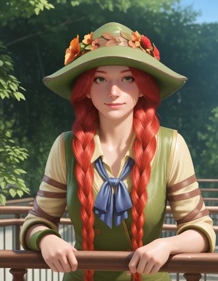 Masterpiece, high-res, 2k, best quality, 2.5d, realistic, 1girl, prof garlick  <lora:prof_garlick_illus-000043:1>Leaning on a railing