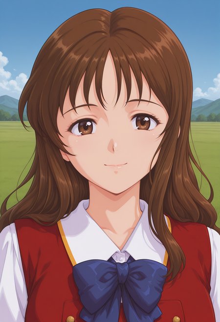 sendou_asuka, brown eyes, brown hair, long hair, blue bowtie, school uniform, short sleeves, vest, red vest, <lora:fr_sendou_asuka_illustrious_ver2:0.8> 
smile,, masterpiece, best quality, sensitive,, 1girl, solo, blue sky, (grasslands:1.2), looking at viewer,, (upper body:1.2), (close-up:1.2), (facing viewer:1.2), (open eyes:1.4), (portrait:1.2)