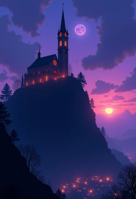digital art wallpaper, 8k detailed, drawn, gothic city, focus on a earie cathedral that is on top of a mountain, belltower, bright night, purple lights in the sky