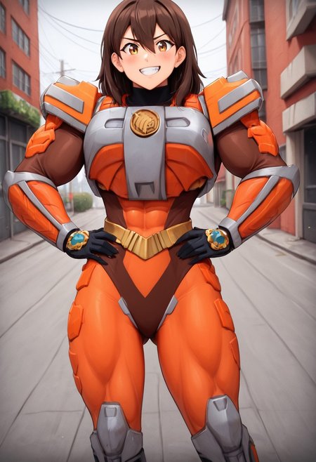 score_9, score_8_up, score_7_up, zPDXL, zPDXLpg, source_anime, <lora:offset_0.2:0.1>, <lora:spo_sdxl_10ep_4k-data_lora_webui:1>,
1girl, solo,
sazervisuel, orange bodysuit, brown leotard, belt, armor, gauntlets, black gloves, tight cloth ,claw \(weapon\)<lora:Sazer_Visuel:1>,
brown hair, brown eyes, hair between eyes, medium hair, hair behind ear,muscular_female_illust, muscular, muscular female, gigantic muscles,vaginal
smile, blush, clench teeth, hands on own hips, facing viewer, ass visible through thighs, looking at viewer,
cowboy shot,
outdoors, city, street