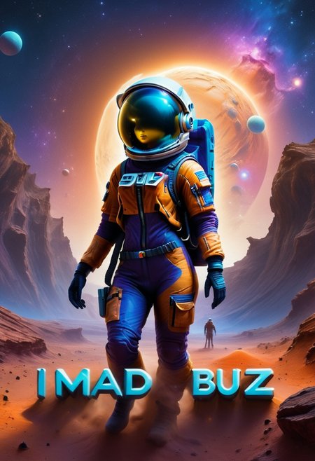 (vibrant canvas illuminated by a cascade of colorful binary code) forming the (silhouette) of a  astronaut on planet mars, intricate details, masterpiece, best quality, very aesthetic
1 girl, 4str0n4ut G1rl, mad-nbla, 
smile, blonde, space, 
text logo,
Text: "I need BUZZ!"