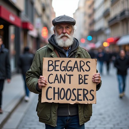 Bum on a city street with a sign that says:  Beggars Can't be Choosers