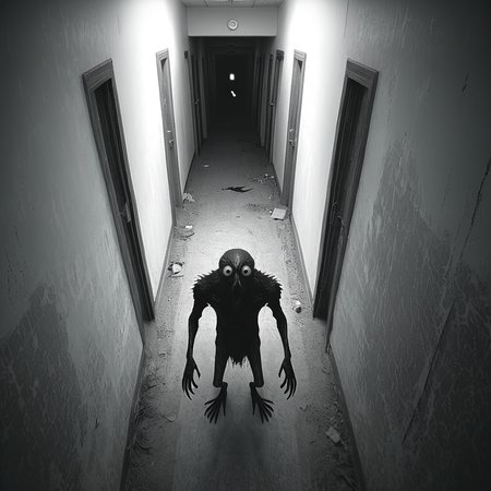 horrorcctvlora, abandoned hallway, horror (theme), monster, monochrome, bird view, looking at viewer