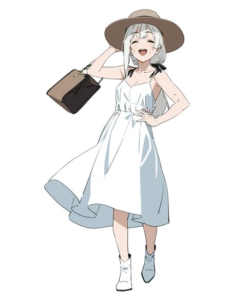 1girl, 
kamo kamen, 
white hair, handbag, dress, mole, looking away, hand on own hip, black ribbon, white dress, hat, solo, open mouth, bare shoulders, :d, full body, teeth, long hair, collarbone, mole on cheek, hand on headwear, closed eyes, brown hat, breasts, holding, facing viewer, boots, bag, hair ribbon, holding bag, ponytail, white footwear, upper teeth only, ribbon, smile, small breasts, cleavage, 
masterpiece, best quality, newest
 <lora:kamo_kamen_image373_2024-03-28_a31:1>