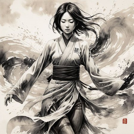 Mikasa Ackerman (Attack on Titan style:1.2), Chinese ink wash painting, dreamlike, swirling black and white brushstrokes creating a sense of movement, dynamic dance pose, flowing dress, subtle hint of sensuality, Asian features, detailed flowing hair, closed eyes (dreamy:1.1)