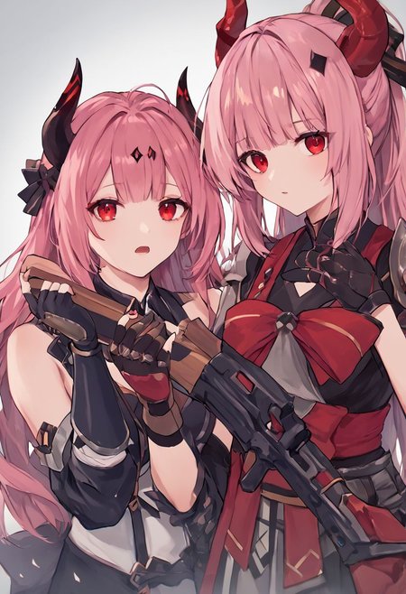 score_9, score_8_up, score_7_up, source_anime, BREAK, Chii Aruel \(DesireWorker\),  long hair, breasts, looking at viewer, open mouth, bangs, multiple girls, red eyes, gloves, dress, holding, 2girls, weapon, pink hair, horns, fingerless gloves, holding weapon, armor