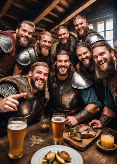 A group of male Norse, Dane, and Vikings huddled together and is taking a group selfie picture together in 793 CE. They are drinking ale at a feast in a Viking longhouse. different faces. They are all wearing traditional Viking armor. Everyone smiling directly at the camera. skin spots, acnes, skin blemishes. The image is photorealistic, has natural lighting, and is taken with a front-facing phone selfie camera by one of the Vikings