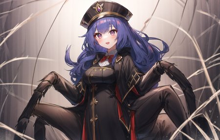 1girl, arachne, arthropod girl, arthropod limbs, black gloves, black headwear, black skirt, breasts, carapace, elbow gloves, extra legs, gloves, hat, high-waist skirt, large breasts, long hair, monster girl, multiple legs, partially fingerless gloves, purple eyes, purple hair, skirt, solo, spider girl, taur, lansane, original, tarantula leg, <lora:spider_girl_v1:1.5>, (spider web:1.4)