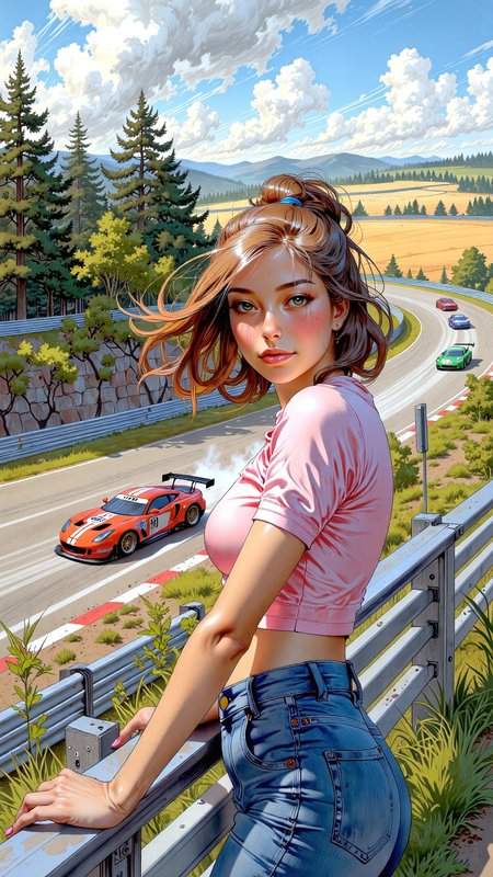 High-resolution anime-style illustration with bold painterly textures, blending soft washes with crisp, dynamic details. A cute young woman with shoulder-length chestnut-brown hair tied into a high ponytail stands near the guardrail of a scenic racetrack, the wind tousling her loose strands as high-speed race cars blur past in streaks of motion. She wears a stylish yet casual outfit in soft pink and blue tonesâa fitted crop top and high-waisted skinny jeans that hug her figure, blending comfort with modern flair. Her bright eyes sparkle with excitement as she leans slightly forward, hands resting on the railing, her posture relaxed yet engaged. The track curves between lush green forests and rolling golden fields, distant hills stretching under a clear blue sky. Sunlight filters through the trees, casting a warm glow over the scene, while the distant roar of engines and the scent of burning rubber fill the air, capturing the thrill of motorsport in a fresh, contemporary style <lora:car1ar1_cap_d6a3:0.8> <lora:FluxMythV2:1.2> <lora:Dorota_Pietrowiak:0.6>
