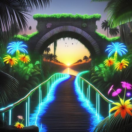 bush, ruins, signature, colorful, bridge, palm tree, glowing, animal focus, forest, river, outdoors, sunset, stairs, bug, flower