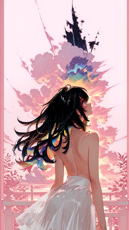 masterpiece, newest,absurdres,incredibly absurdres, best quality, amazing quality, very aesthetic, 1960s \(style\), pink background,
1girl, topless, see-through skirt, white skirt,balcony, black hair, floating hair, rainbow inner hair, 
<lora:HassaKu_style:1>  HassaKu_illu <lora:ka_marukogedago:1> k4_illu, <lora:p1ge0n666:1> p1ge0n666_illu