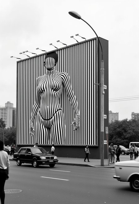 Capture a striking outdoor billboard with the secretely Hidden Text "buy Buzz" between the lines along a busy street in Peking in the 80s that features a mesmerizing optical illusion. The billboard is covered in perfectly aligned black and white lines, forming intricate patterns. Upon closer inspection, a subtle yet sexy buxom Womans Body emerges from the arrangement of lines, hypnotizing directly at the passersby. The illusion is crafted so precisely that from a distance, the billboard appears as mere stripes, but as viewers approach, the hidden woman becomes unmistakably clear. The billboard stands tall under an overcast sky, with city traffic and pedestrians moving in the background, adding to the surreal, almost eerie atmosphere.