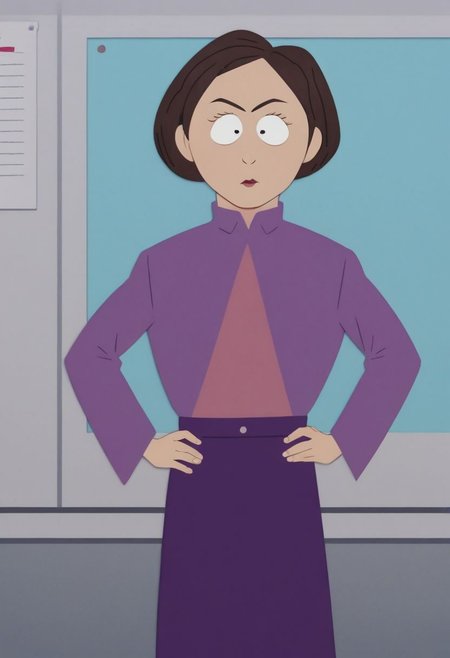 Score_9_up, score_8_up, score_7_up, 1girl, solo, msstevenssp, brown hair, purple dress, schoolbus, hands on hip, Expressiveh