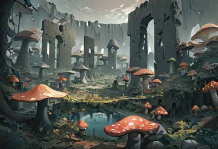 A digital landscape artwork, ([standing on a cliff:mushroom forest:0.7]:1.3), looking over the horizon, [far mountain range:arcane ruins:0.6], best quality, newest