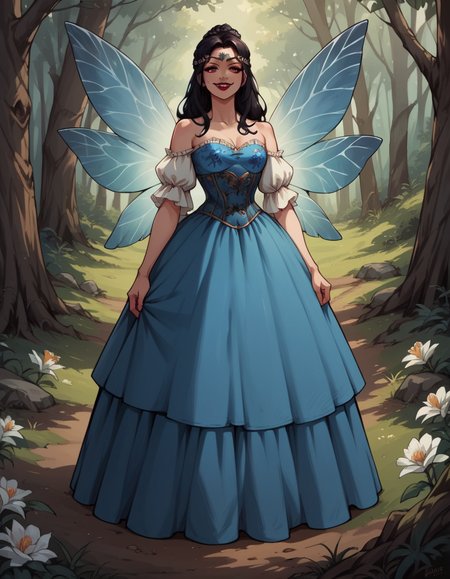 score_9, score_8_up, score_7_up, score_6_up, score_5_up, score_4_up, source_anime, 1girl, long black updo hair, full body, smile, makeup, red lipstick, hud_forest_fairy_dress, blue dress, puffy sleeves, blue floral corset, silver circlet, bare shoulders, wings, <lora:forestfairyxlp_epoch_8:0.6>,