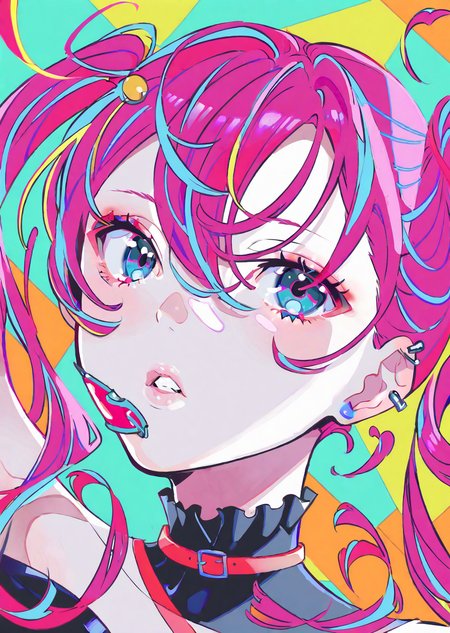 by yoneyama mai, by poire
beautiful girl, age 19, hotpink hair, 
 portrait, parted lips, long hair, twintails, hair between eyes, looking at viewer, bangs, 
 piercing eyes
 masterpiece, best quality, high quality, highres, absurdres, very detailed, high resolution, sharp, sharp image, 8k, vivid, colorful, stunning, anime, aesthetic