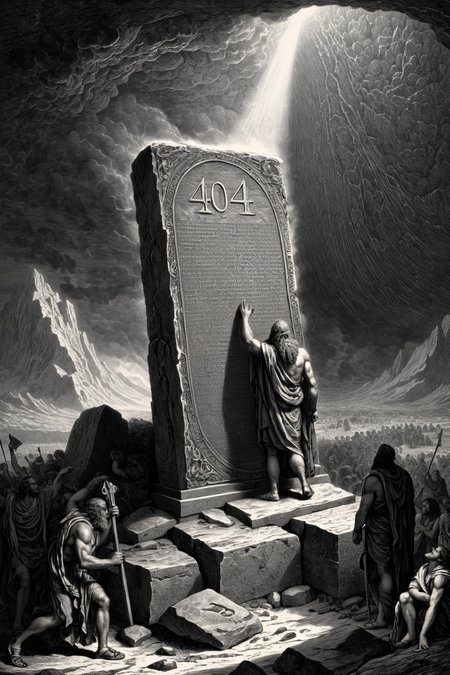 A gritty engraving etching in the style of Gustave Dore,  Moses holds a huge stone tablet with the very large and bold number "404" on it , on mount Sinai amidst a storm, uhd,  ((the number "404" written on the tablet)), 8k, intense lighting, award winning masterpiece, high contrast, extremely detailed, detailed background, cinematic, complex and multidimensional lighting,   <lora:xl_more_art-full_v1:0.6>,  <lora:add-detail-xl:0.6>