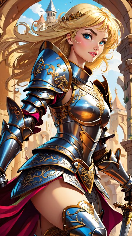 Western cartoon style, vibrant colors, smooth shading, dynamic poses, expressive characters, high contrast, detailed background, female knight in ornate armor, playful, whimsical, artistic, crisp lines, high resolution, fantasy theme, blonde hair, dynamic pose