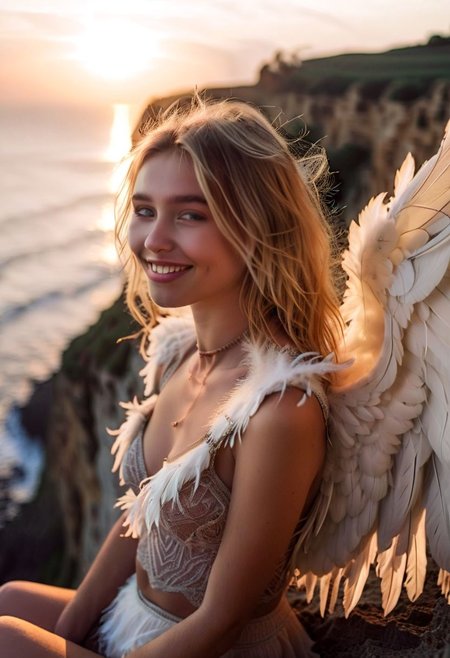 raw photo, portrait, angel girl, Elsa,, blonde, 25yo, , sunset lights, sitting on the edge of a cliff, breathtaking raw photo shot, angelcore, realistic photo grain, portrait, feathered detailed wings, hand on the neck. Looking at the viewer, smiling