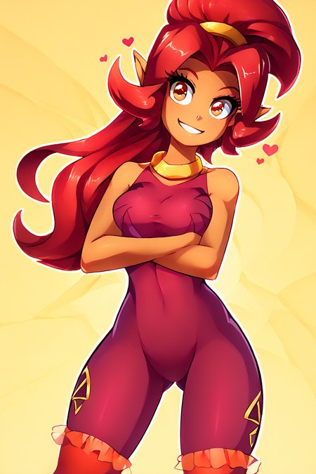 score_9, score_8_up, score_8, medium breasts, (curvy), cute, eyelashes,       BREAK, , Din_Zelda, dark skin, red hair, red unitard, <lora:Din_Zelda_Anime_P1:0.8>, , BREAK, smile, looking at viewer,  abstract background, white outline, cowboy shot, embedding:zPDXL, Expressiveh, <lora:theOtherHalfPDXL:0.8>,  <lora:CatalystStylePDXL:0.6>,  <lora:SDXLFaeTastic2400:0.5>,  <lora:Expressive_H-000001:0.4>,, <lora:theButcherXPDXL:1.0>,
