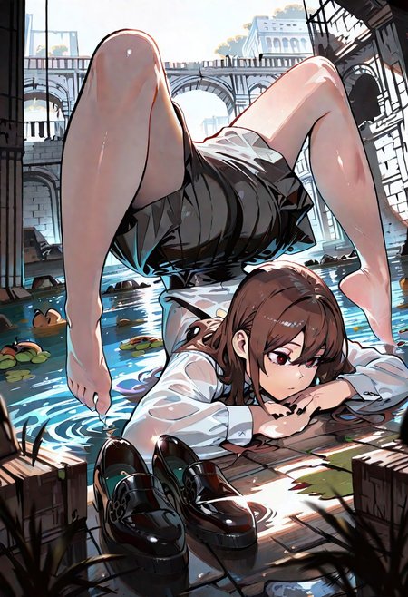 INKTA_ST, WALLPPR_ST, detailed background, best quality, very aesthetic, high resolution, ultra-detailed, absurdres, newest, detailed eyes, beautiful, perfect lighting, hi res, amazing quality, very awa, painting_(artwork), dynamic angle, dynamic pose, SKRPN_P0S3, scorpion_pose, top-down bottom-up, wide spread legs,,jack-o' challenge, ass, 1girl, wading, long hair, water, brown hair, holding shoes, shoes removed, ruins, long sleeves, white shirt, black skirt, sun hat, standing, ribbon, black nails, bow