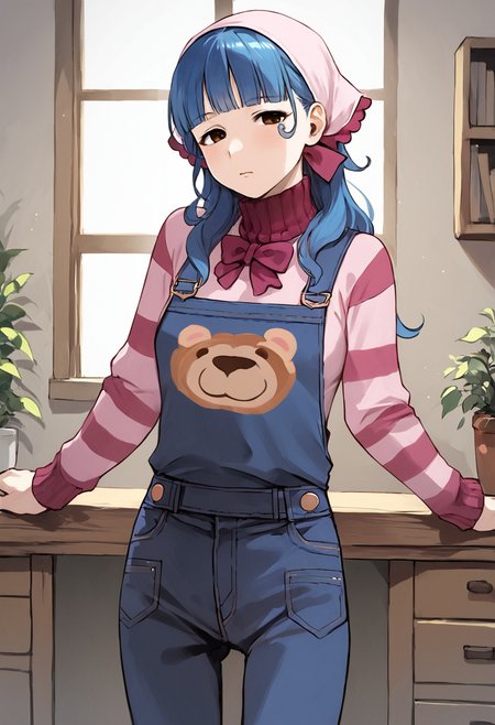 score_9, score_8_up, score_7_up, uncensored, masterpiece, best quality, source_anime BREAK 1girl, solo, vera misham, blue hair, brown eyes, pink bandana, Expressiveh, overalls, sweater, striped, denim, indoors <lora:Expressive_H:0.6> <lora:add-detail-xl:0.5> <lora:Vera_Misham:0.8>