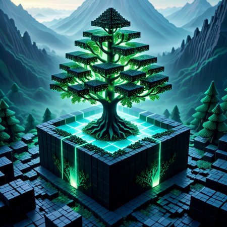 lazypos, masterpiece, ultra detailed, intricate details, sharp focus, 
voxels, fantasy tree growing from square voxel trunk, glowing cubes for leaves, ethereal fog surrounding its base, voxelized mountain range behind