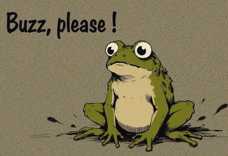 Special Ink-drawing mode, A cute frog with big sad begging eyes, big text below that says "Buzz, please" <lora:FLUX_anime_Special_Ink-drawing_mode_merge_24_medium_3_00001_:1>