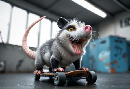 score_9, score_8_up, score_7_up, score_6_up, source_furry, source_3d, 
BREAK opossum, small, grey fur, white fur, pink nose, black ears, whiskers, black markings, pink paws, black tail, yellow eyes, open mouth, teeth, tongue, black lips, pink backwards hat, black sunglasses, pink bow tie, possum, 
BREAK opossum is preforming a hand stand, opossum is on a skateboard, opossum is riding the skateboard, opossum is riding the skateboard down a railing, skateboard grinding on railing, 3d,detailed, realistic, full shot, dynamic pose, worms eye view, from bellow, opossum focus,
BREAK subway, station, staircase, railing, railing down centre of staircase, white tile walls, blue tile staircase, ceiling pipes, florescent lights, skatebingbing