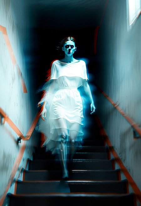 (real life, woman walking down stairs, ghost afterimage, clean white medical environment, grim style, horror lens effect, jarring optical effect, layered effects, dark shadows, hazy, grainy:1.2), (above pov, a woman looking shocked, caped crusader, dark natural natural colors, HDR, 5mm:1.2), (glitch art by (Hans Feurer:1.1) and (Roe Ethridge:1.2)), glowing blue on black,
