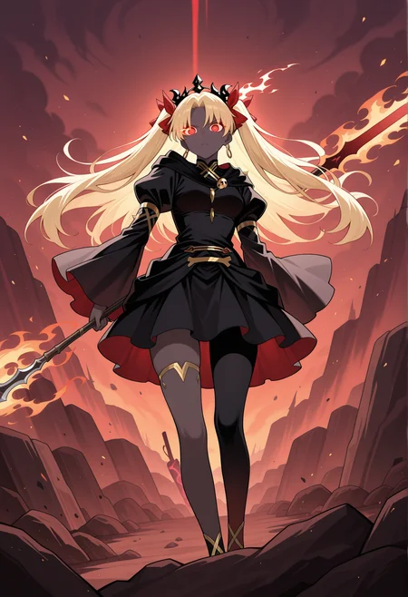 1girl, dark skin, colored skin, glowing eyes, flaming eyes,  long hair, blonde hair, twintails, red eyes, hair ribbon, red ribbon, tiara, hoop earrings, jewelry, black blouse, single thighhigh, black skirt, long sleeves, wide sleeves, holding spear, serious, flaming spear, outdoors, hell, rock, spikes   <lora:Ereshkigal_illus:1>, masterpiece, best quality, amazing quality, very aesthetic, absurdres, highres, newest