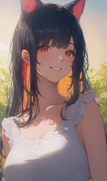 Score_9, portrait, 1girl, solo, black hair, animal ears, smile, red eyes, bangs, multicolored hair, blush, colored inner hair, kawaii, anon_style, cute, depth of field, outdoors, sunlight, shadows, cinematic scene, 