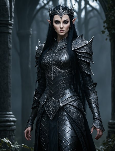 A dark elven queen in intricate armor, gothic medieval design, realistic textures, ultra-high definition, photorealistic, highly detailed, dramatic lighting, sharp focus, cinematic, hyperrealism, dark and mysterious atmosphere