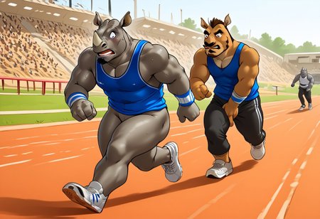 Furryrevolution, 2male, rhino, bara, running track, tank top, sweatbands, bottomless, big thighs, trainers, goatee, mustache,  covering crotch, embarrassed expression