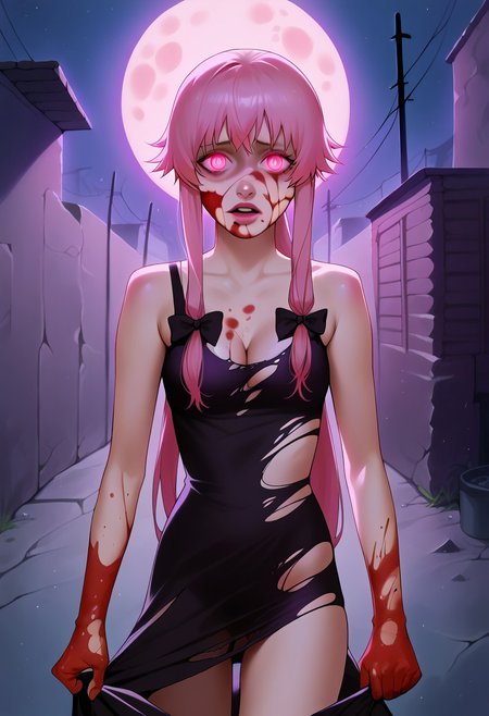 score_9, score_8_up, score_7_up, score_6_up,   <lora:st4t1ctvXLP:1> st4t1ctv, chromatic aberration, dark purple theme, red vignette, 1girl, solo, yuno gasai, long hair, pink eyes, glowing eyes, pink hair, moan, blood on face, blood on hands, low twintails, bare shoulders, black dress, bow, cleavage, collarbone, dress, hair bow, yandere trance, outdoors, dark alley way, night, moon, concept art, realistic, dark theme, low light, dark night, cinematic lighting, rippingclothing, pulling own dress, ripping own clothes, exposed skin, scary, dynamic pose
